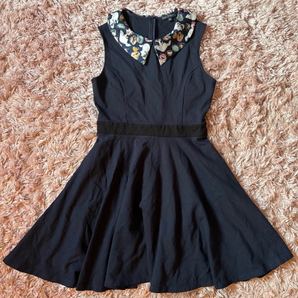 Smak Parlour Kittens and Teacups Navy Blue Peter Pan Collar Skater Dress XS - Picture 6 of 6